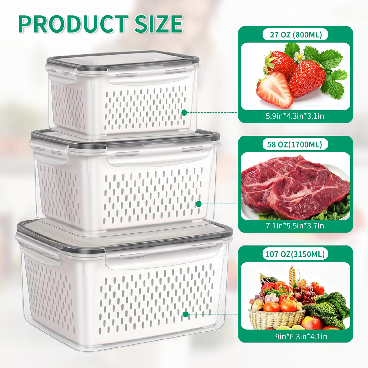 Piszvbej airtight lids help maintain crisp, fresh produce longer.