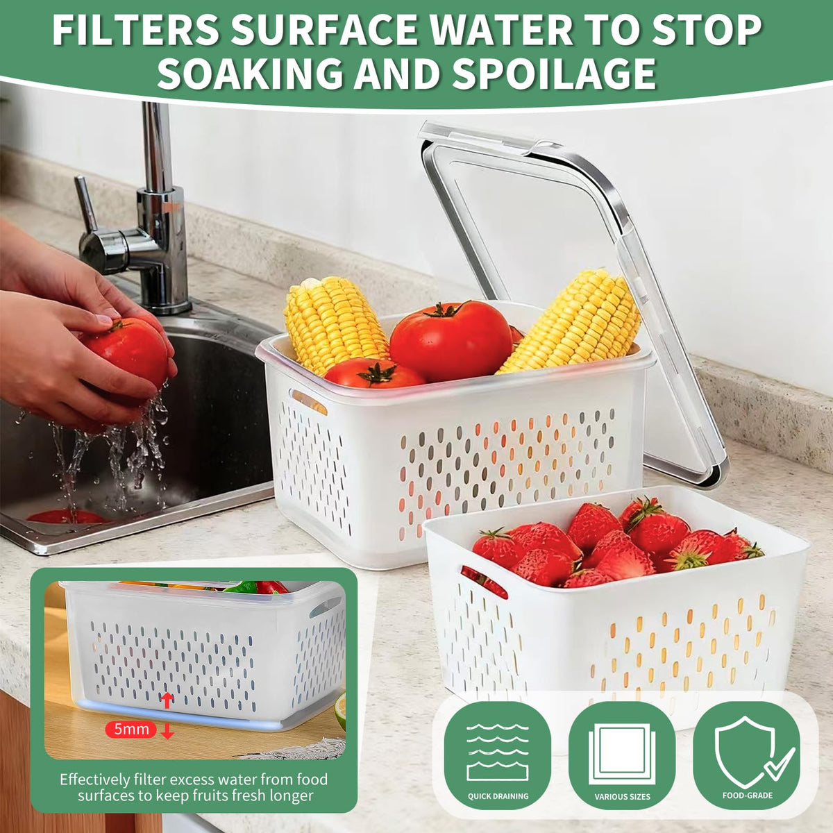 Piszvbej container with removable colander for rinsing produce.