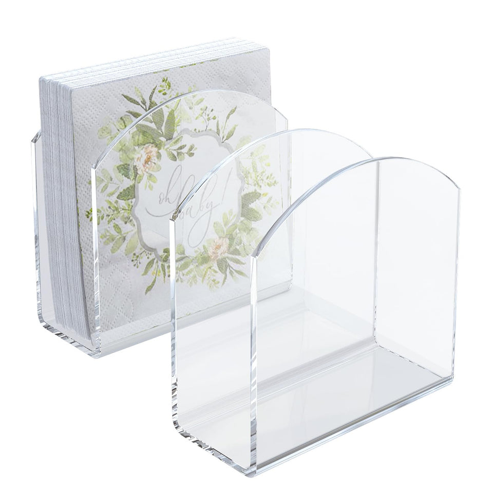 PITBVO clear acrylic napkin holder 2-pack on table, showcasing crystal-clear finish and space saving.