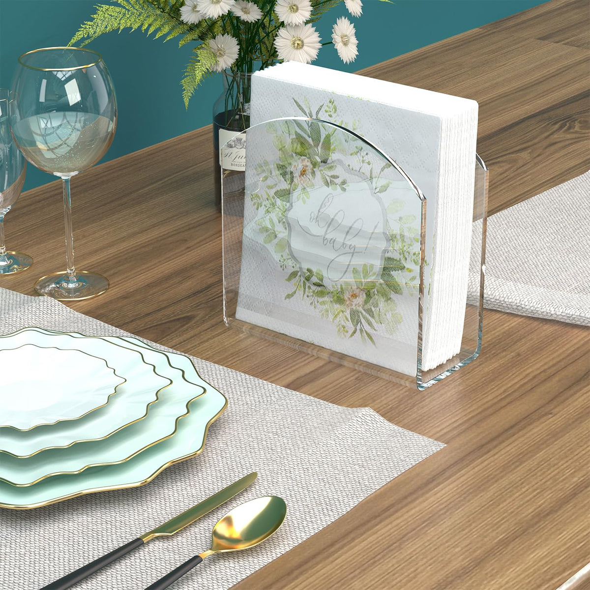 Wedding-table arrangement using PITBVO holder for elegant, accessible napkins.
