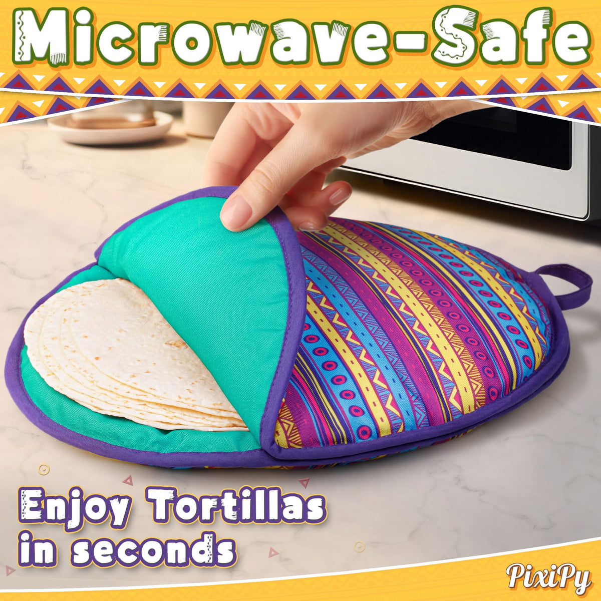PixiPy tortilla warmer pouch double-sided fabric with festive pattern.