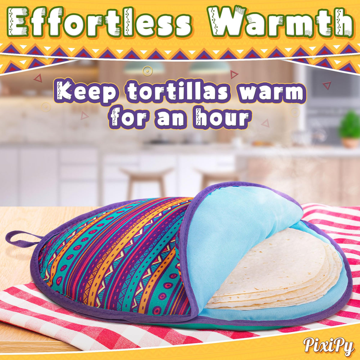 PixiPy tortilla warmer pouch insulated design maintains heat for longer meals.