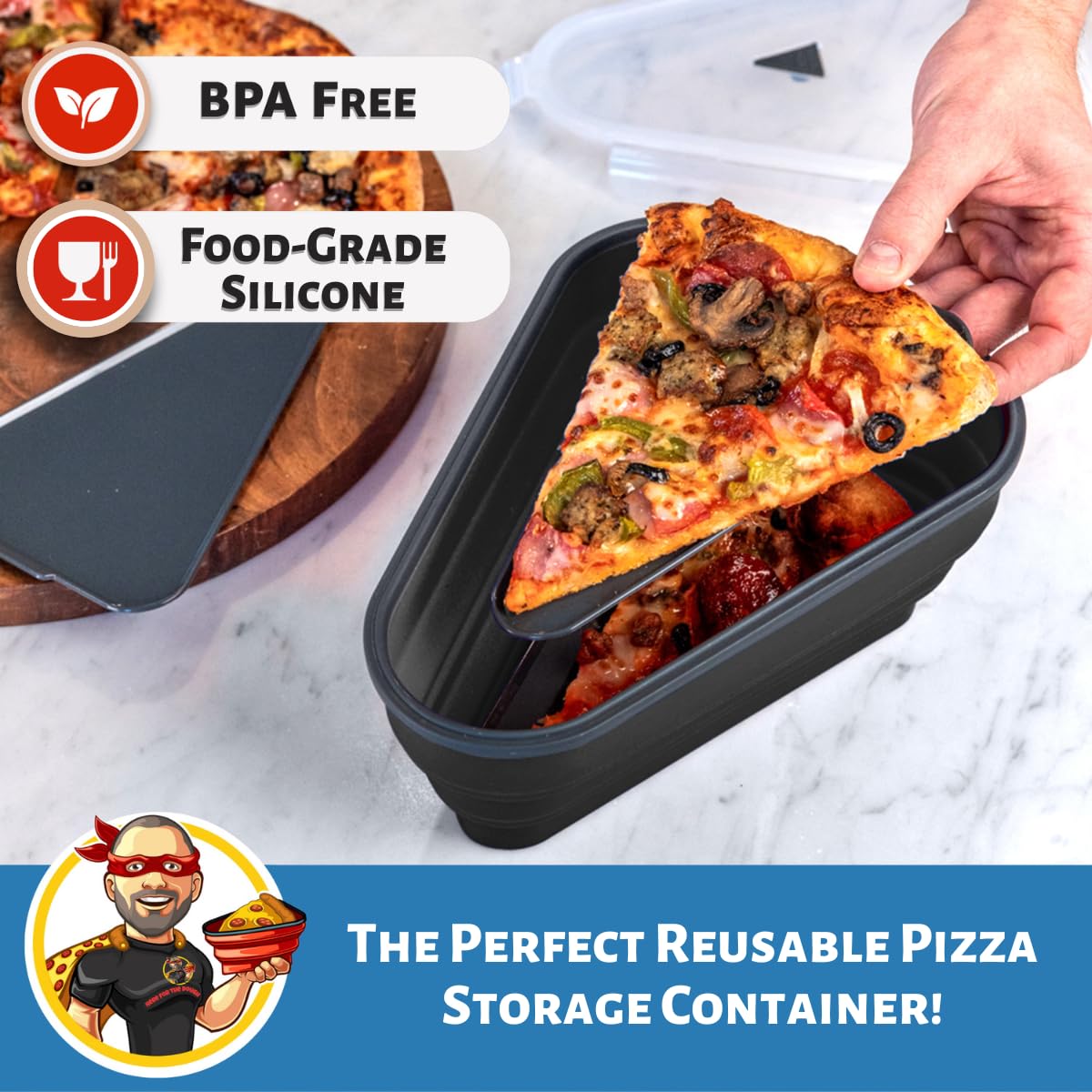 Pizza Pack airtight lid seals slices to keep them fresh