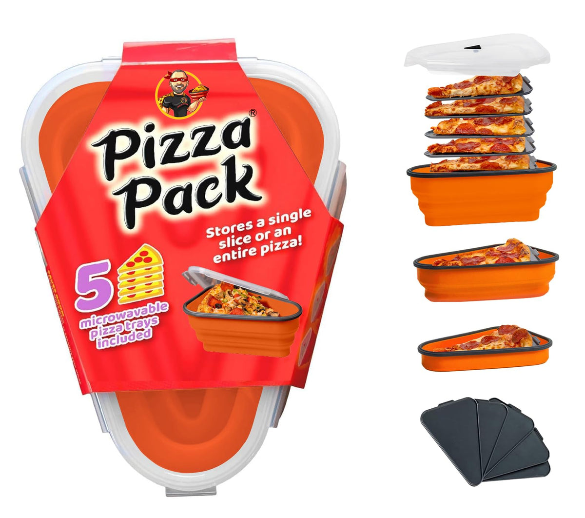 PIZZA PACK collapsible container for pizza slices saves shelf space.