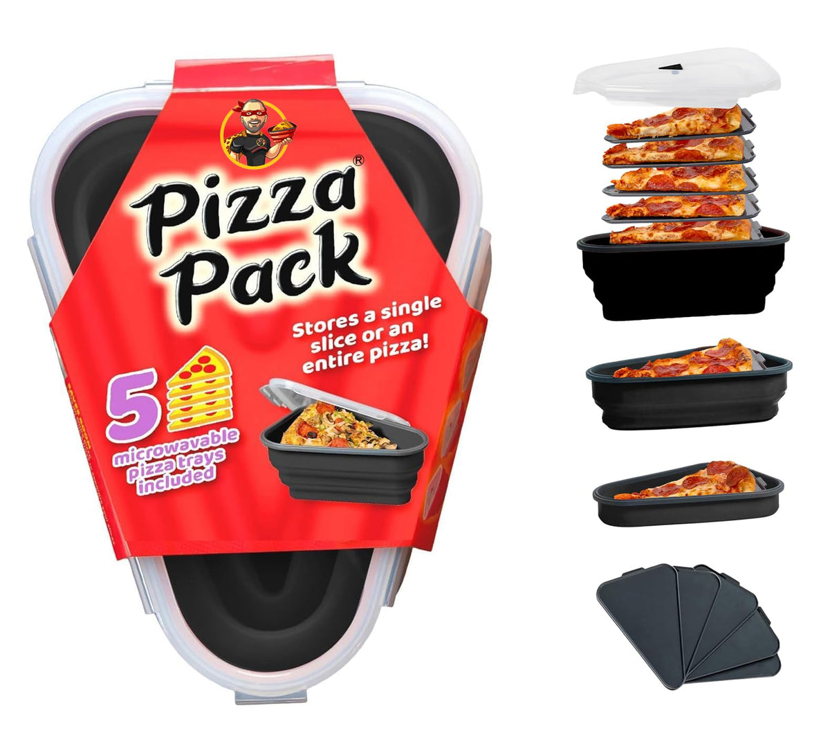 Pizza Pack collapsible container shows space saving for leftovers