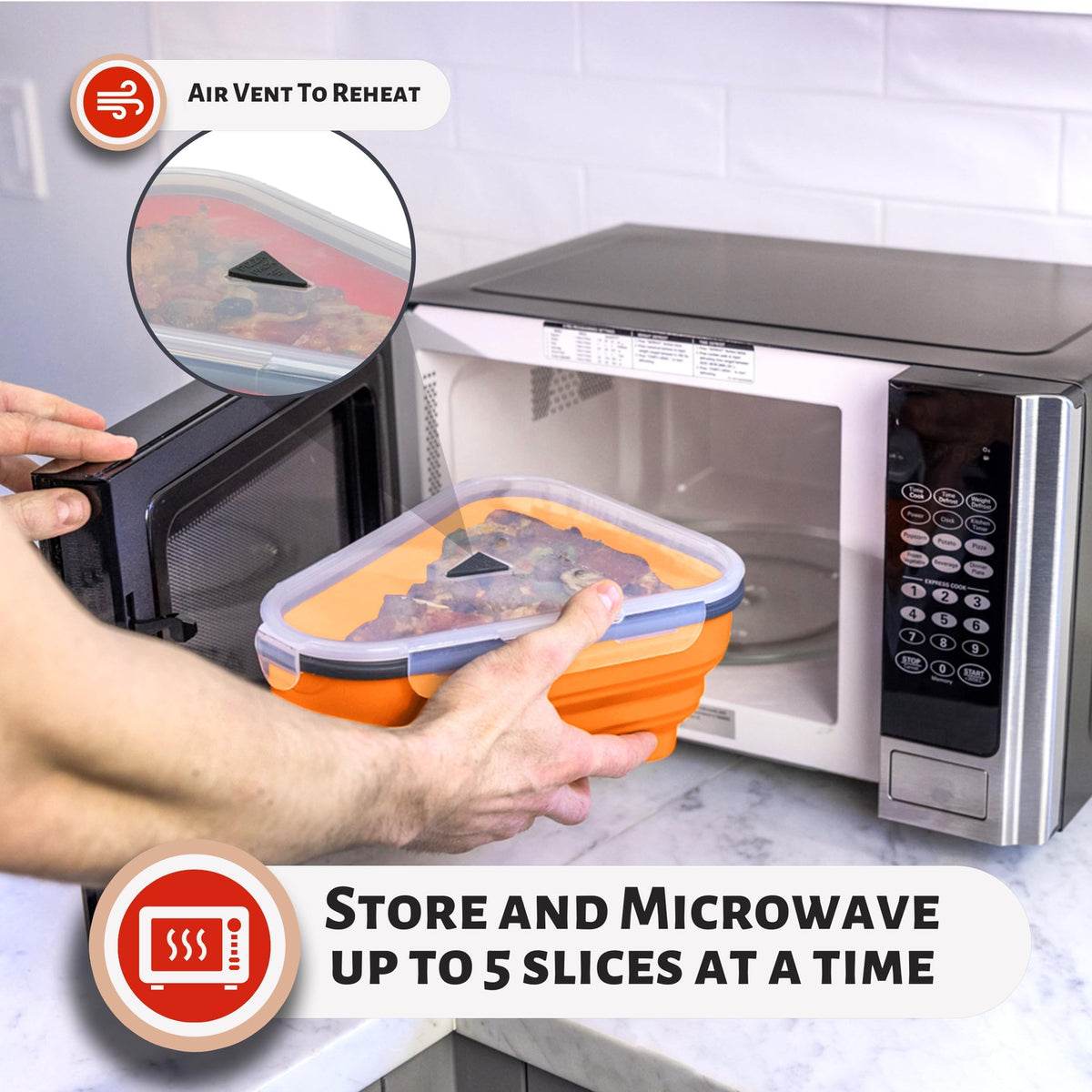 PIZZA PACK five microwavable trays keep slices separated and easy to reheat.