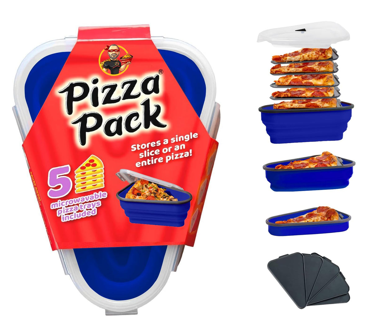 PIZZA PACK blue reusable container for compact leftover pizza storage.