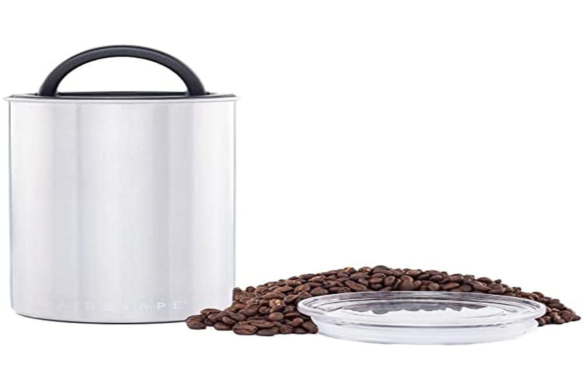 Planetary Design Airscape coffee canister with patented inner plunger lid, brushed steel finish, preserves freshness