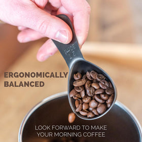 Planetary Design brushed steel scoop provides precise measurement for perfect cups.