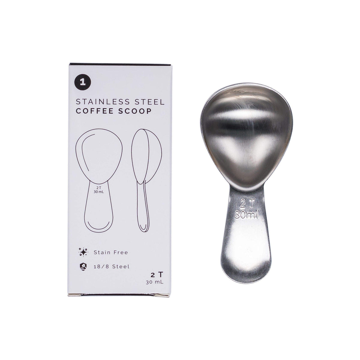 Planetary Design coffee scoop in brushed steel fits Airscape canisters for quick access.