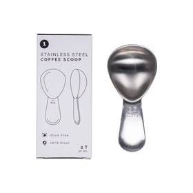 Planetary Design coffee scoop in brushed steel fits Airscape canisters for quick access.