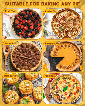 Plantional Pie Weights fit pies, tarts, and other pans of varying sizes.