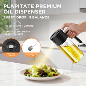 PLAPITATE glass olive oil dispenser shown with clear, monitor-friendly design.