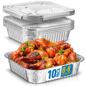 Plastible 8x8 aluminum pan with lid for easy baking and storage.