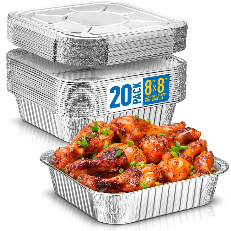 Plastible 8x8 aluminum pans with lids pack for bulk baking and cleanup.