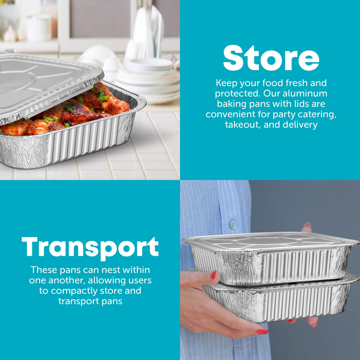 Recyclable aluminum Plastible pan emphasizing sustainability and reuse.