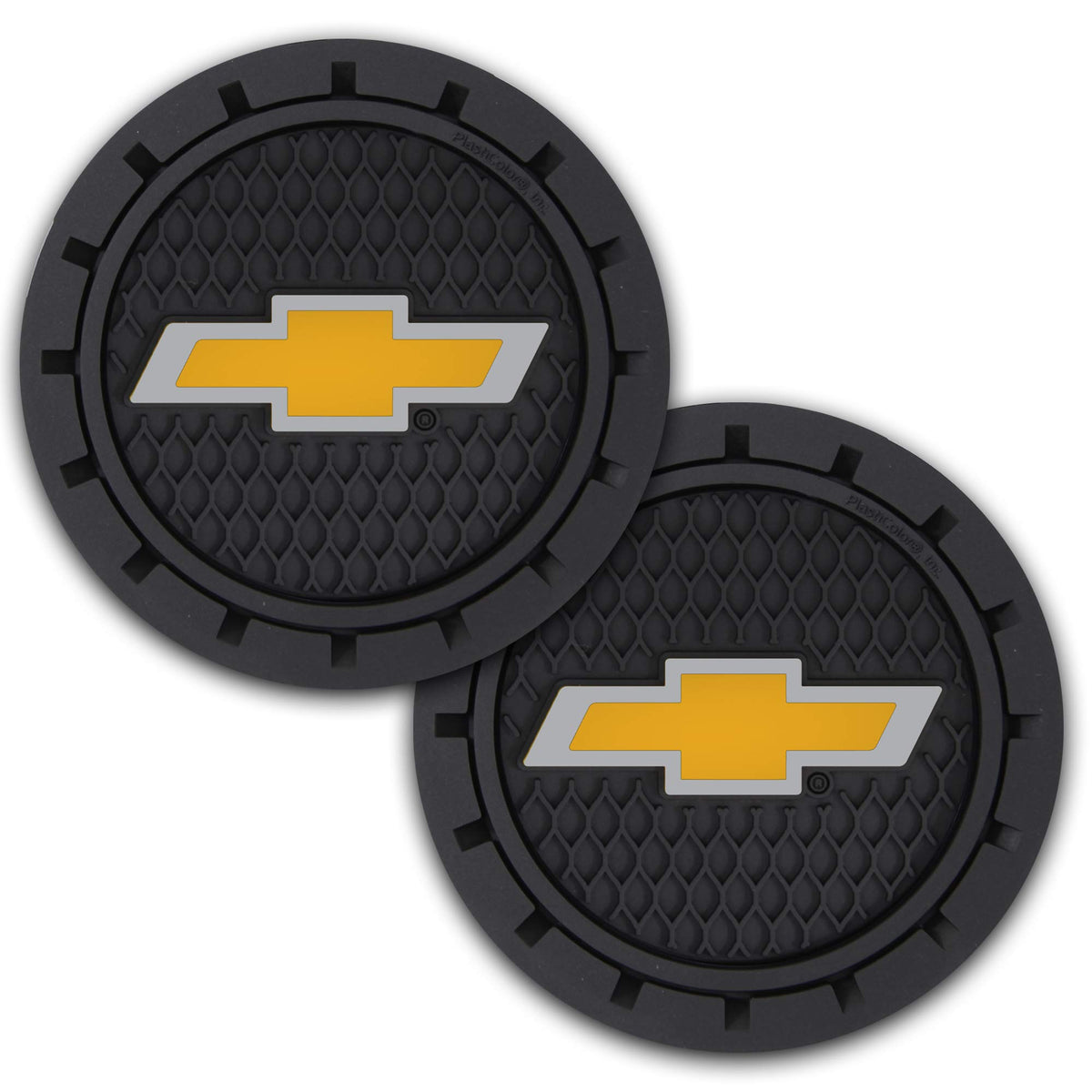 Plasticolor Bowtie Gold Coaster close-up reveals glossy finish and durable PVC construction.