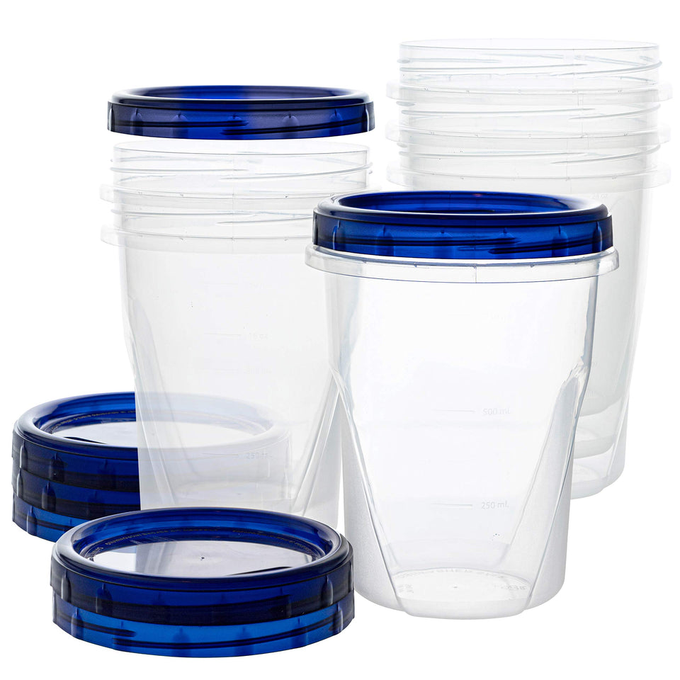 PlasticPRO 32oz deli container with clear bottom and blue twist-on lid for easy identification.