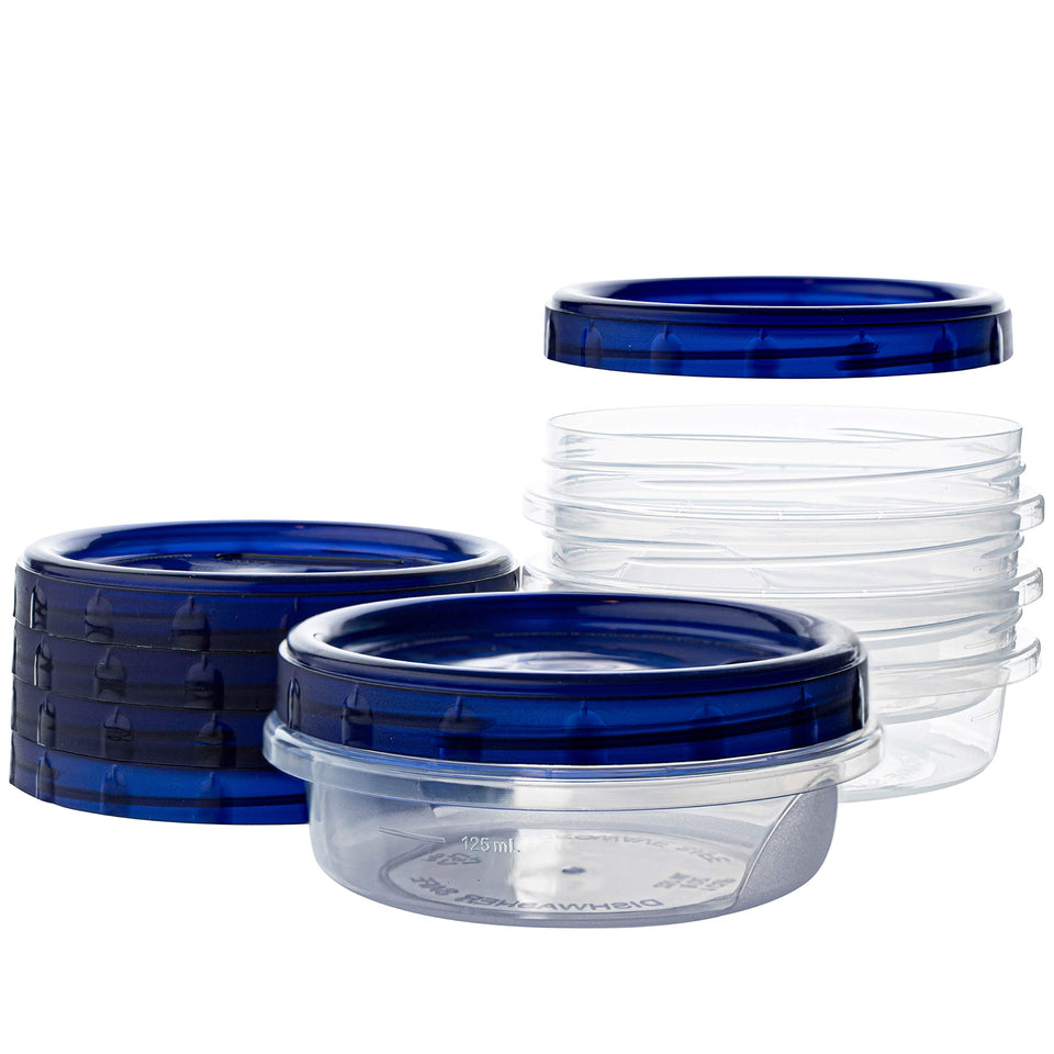 PlasticPro 8oz deli container with clear bottom and blue twist-on lid for quick meal prep.