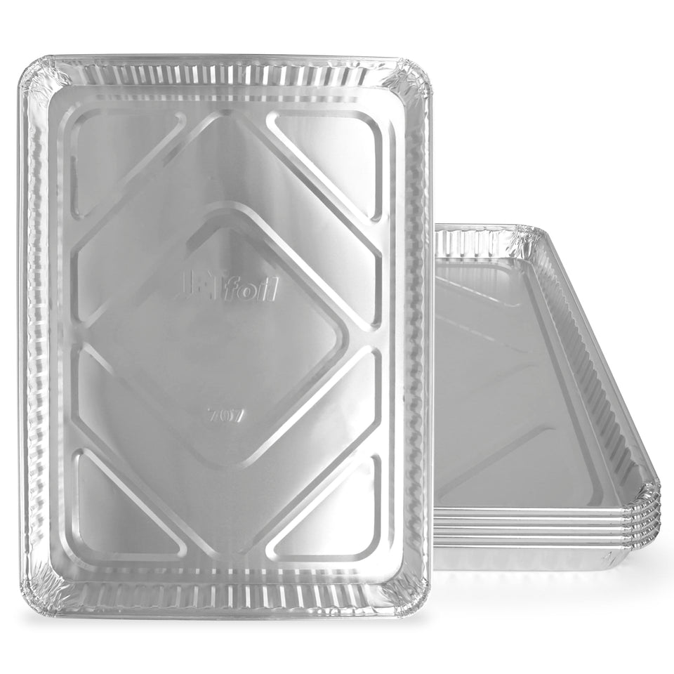 PLASTICPRO aluminum pans 5-pack — disposable cookie sheets — ready for quick oven baking.