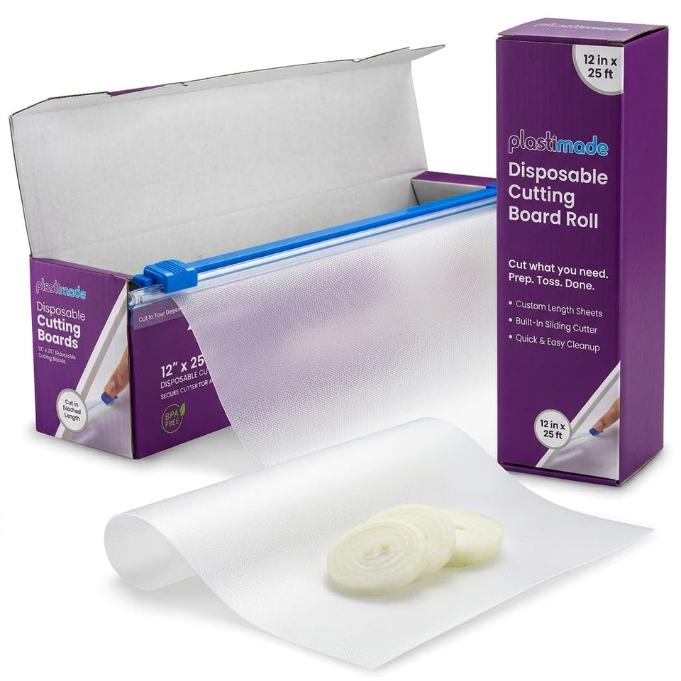 Plastimade disposable sheets with sliding cutter for quick, mess-free prep.