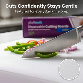 Plastimade durable textured surface preserves knives while cutting.