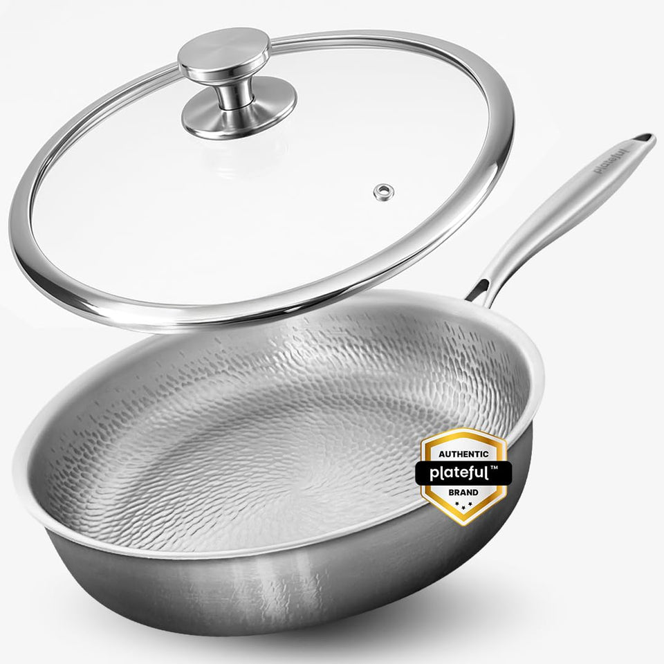 Plateful titanium pan 12-inch hammered top view illustrating a durable, scratch-resistant surface for even searing.