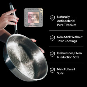 Plateful titanium pan 12-inch on stovetop demonstrates versatile heat distribution for browning and simmering.