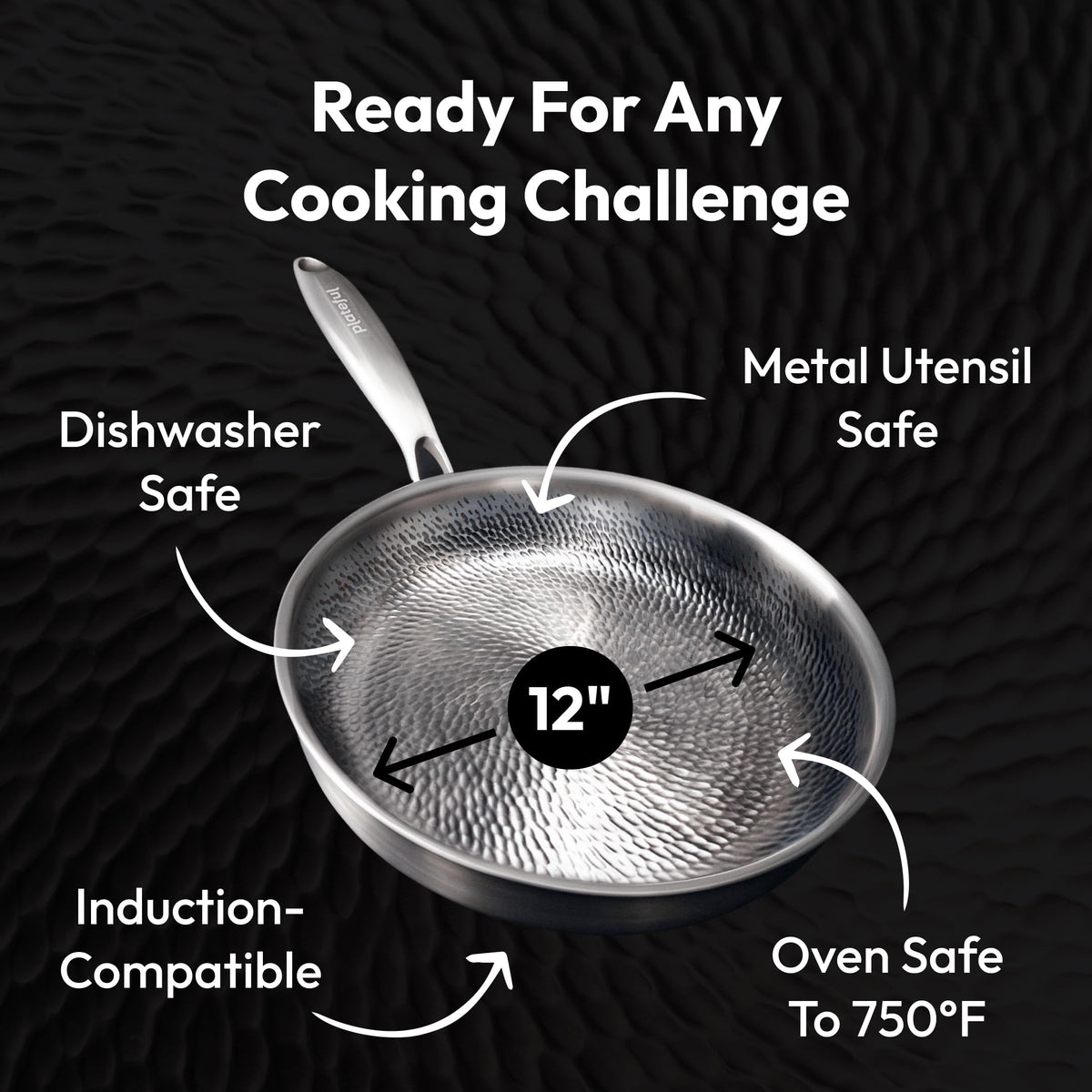 Plateful titanium pan 12-inch oven-safe up to 750°F supports metal utensils without scratching.