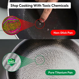 Plateful titanium pan 12-inch with lid highlights oven-safe design up to 750°F.