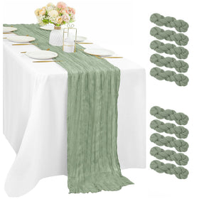 PlatolPro sage green cheesecloth table runner draped for elegant wedding tables