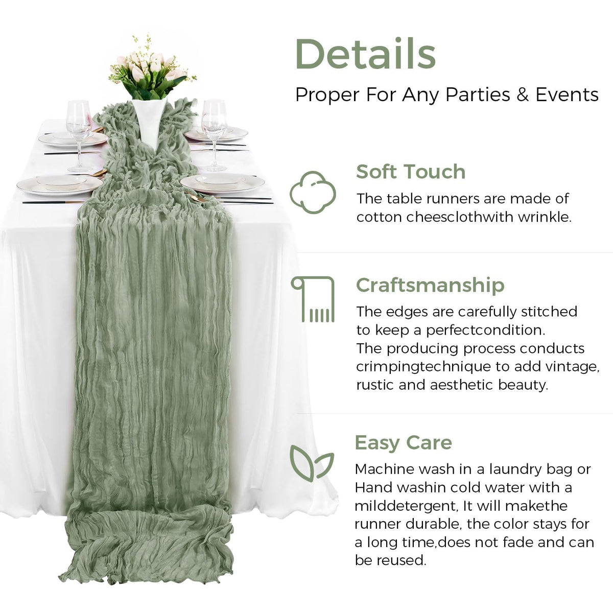 Includes matching sage green napkins for coordinated decor