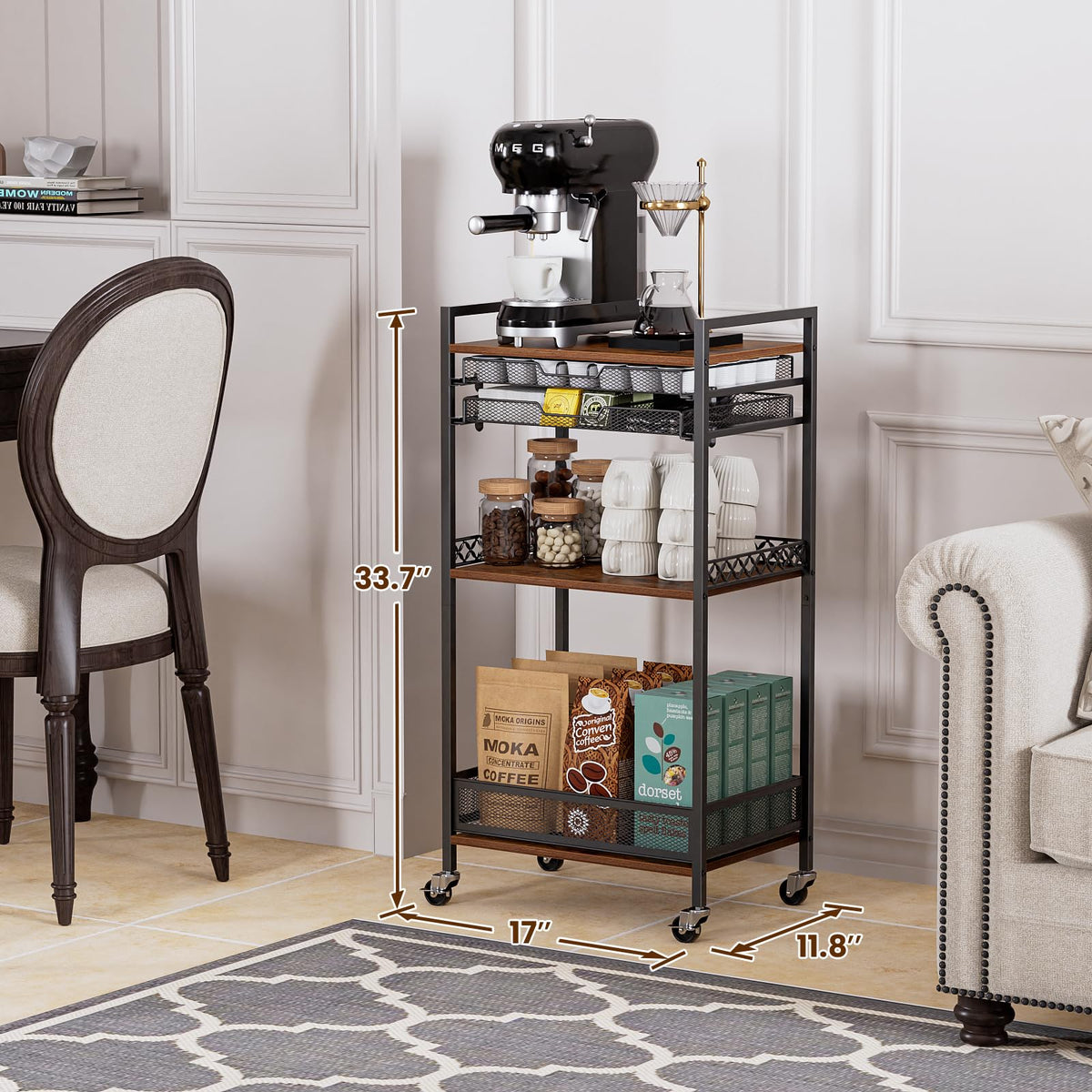 Plaviya coffee bar organizer on wheels enables quick repositioning in any room.