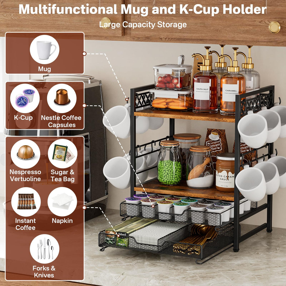Plaviya four-tier storage keeps coffee pods and accessories organized
