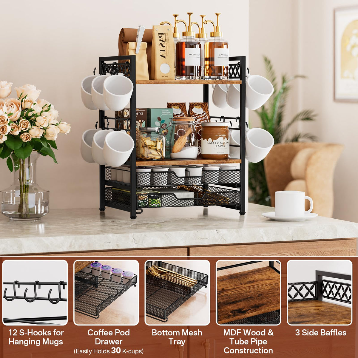 Plaviya mug hooks hold 12 cups with adjustable spacing