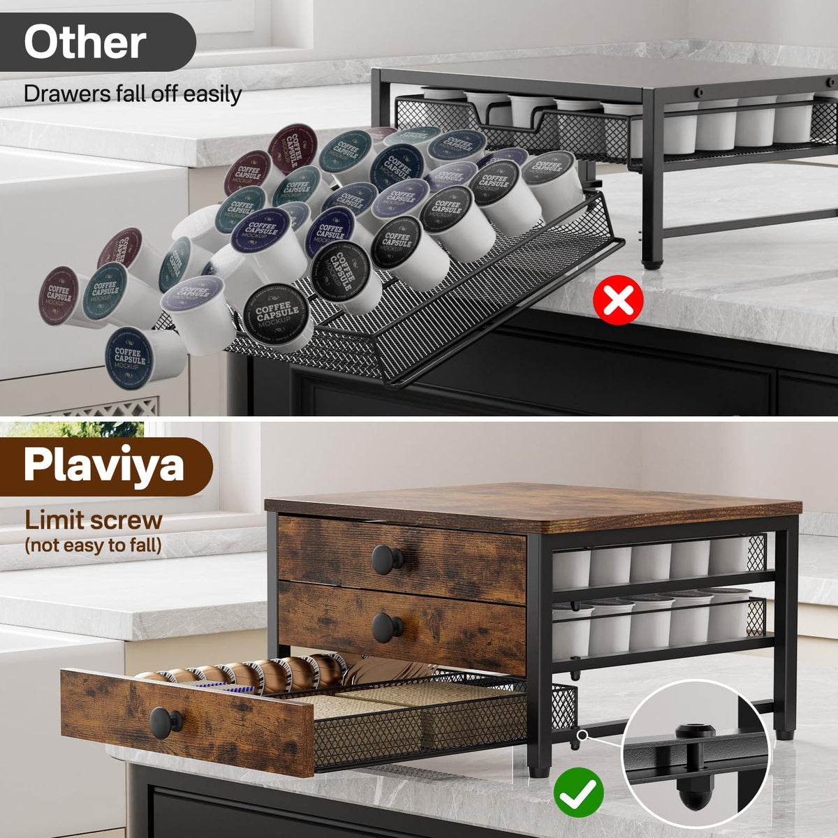 Plaviya pod holder sturdy steel and MDF construction supports heavier items daily.