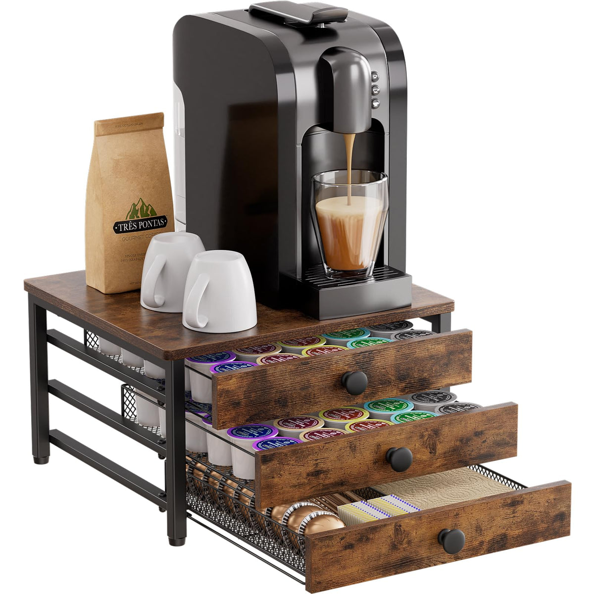 Plaviya coffee pod holder top drawer stores up to 60 K-cups for quick mornings.
