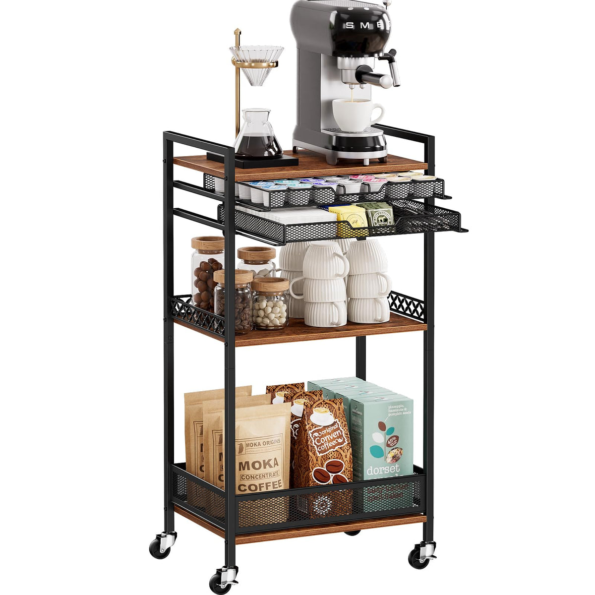 Plaviya K Cup Holder Coffee Cart with pod rack keeps pods organized and within reach.