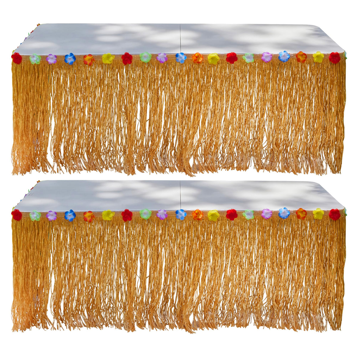 Playbees luau grass table skirt setup on a 9ft table for tropical parties.