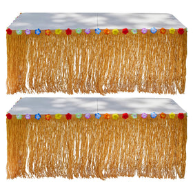 Playbees luau grass table skirt setup on a 9ft table for tropical parties.
