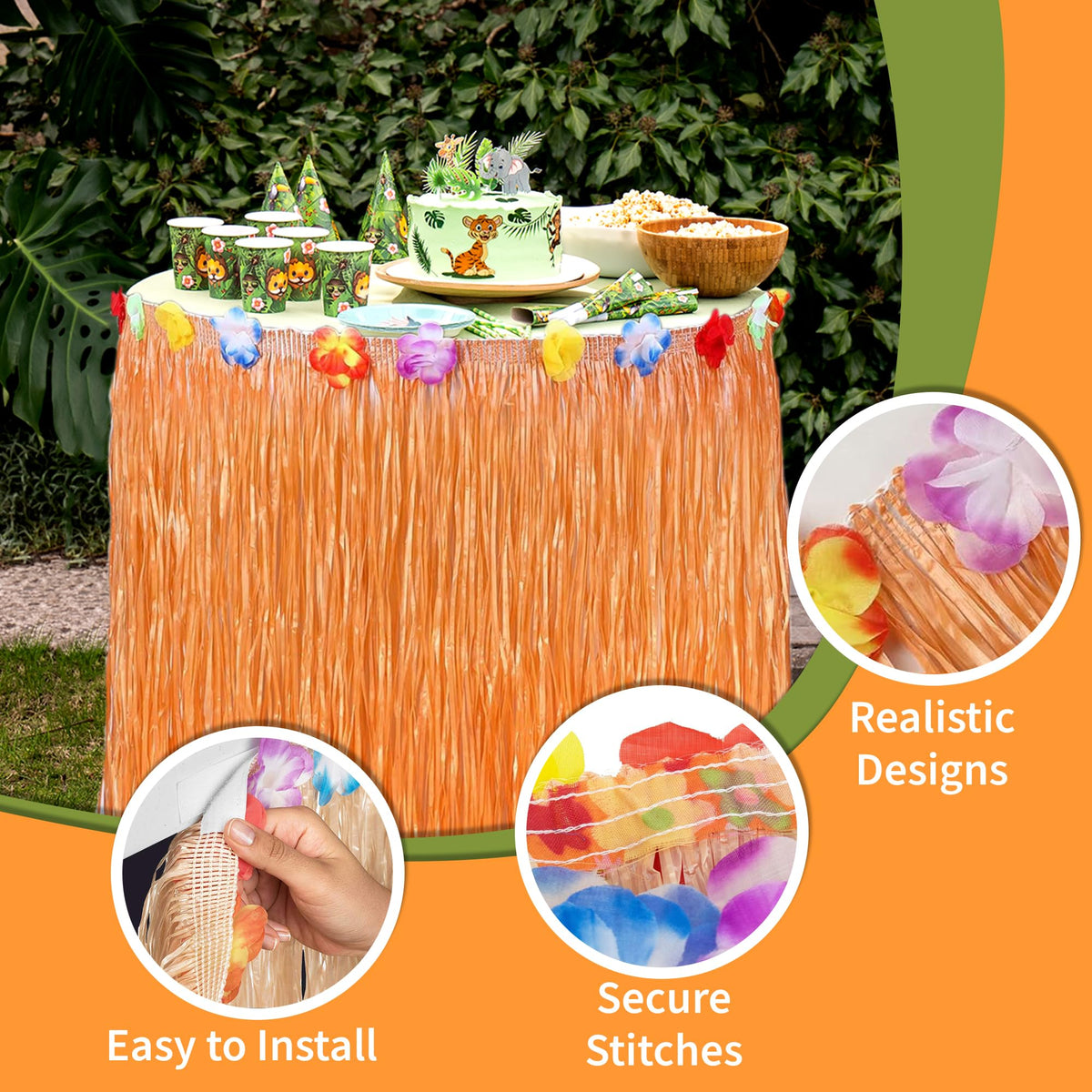 Playbees two skirts on table in top view for luau decor.