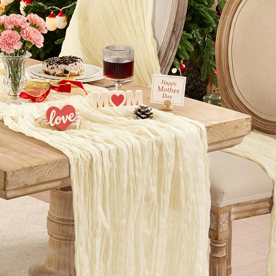 Playieer 6-pack beige cheesecloth table runner covers long tables with rustic elegance.