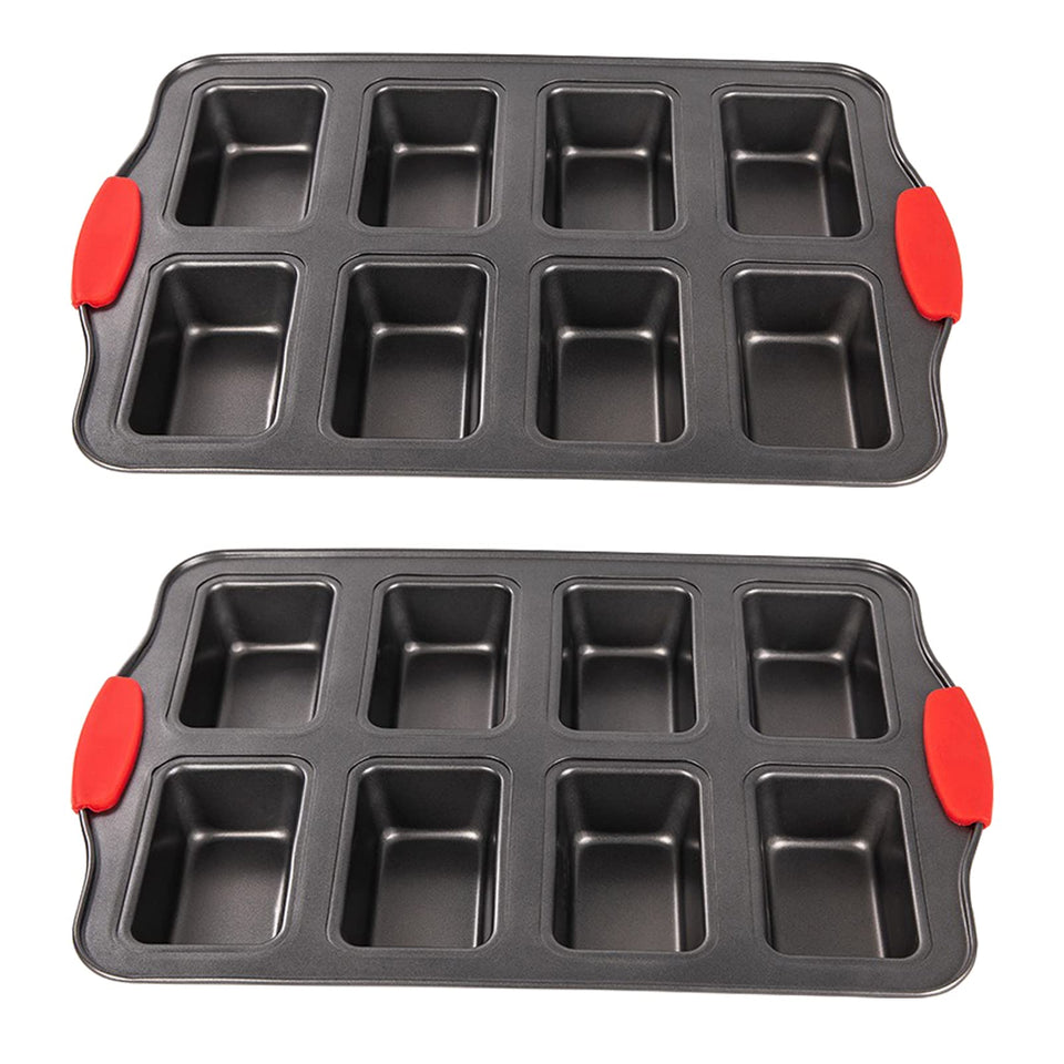PLAZOTTA 2-pack 8-cavity mini loaf pan with silicone handles for easy grip and even baking