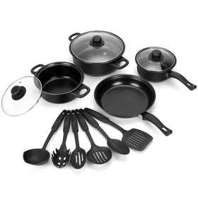 Pleasthome 13-piece nonstick cookware front view for easy outdoor cooking on the go.