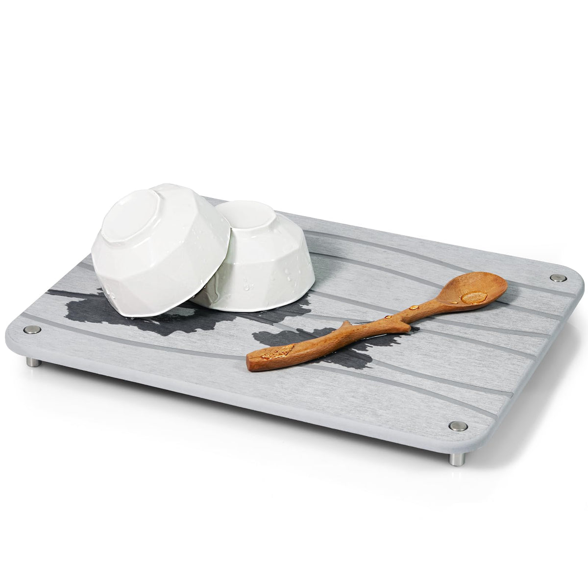 Plentio light grey wave drying mat adds calm to kitchen counters.