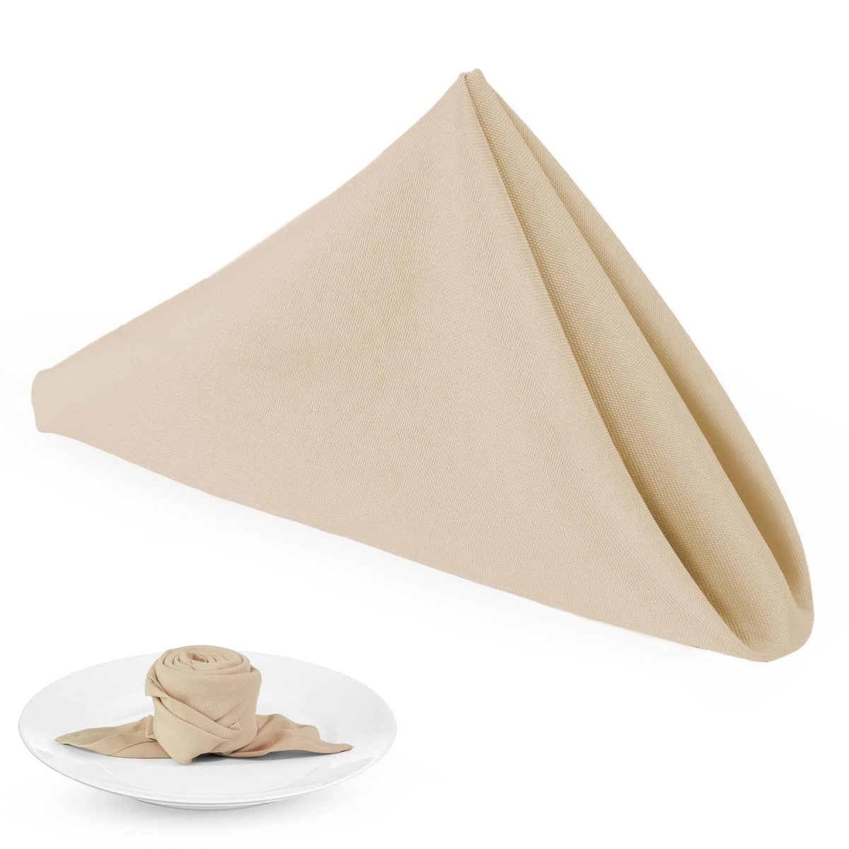 PLOYMONO beige heavy-duty napkins provide durable 17x17 inch coverage for guests.