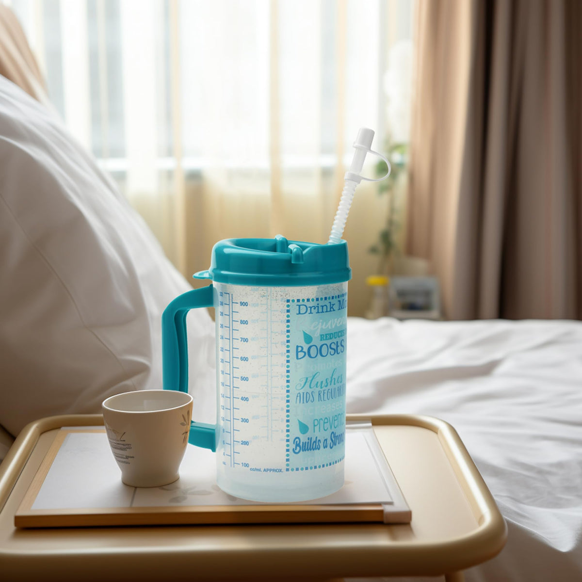 Plum Hill hospital cup teal bedside-friendly with sturdy handle.