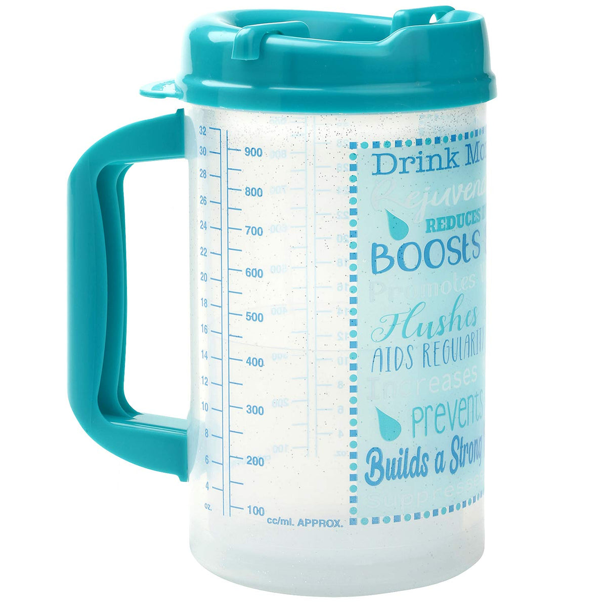 Teal Plum Hill hospital cup shows measurement marks to track intake.