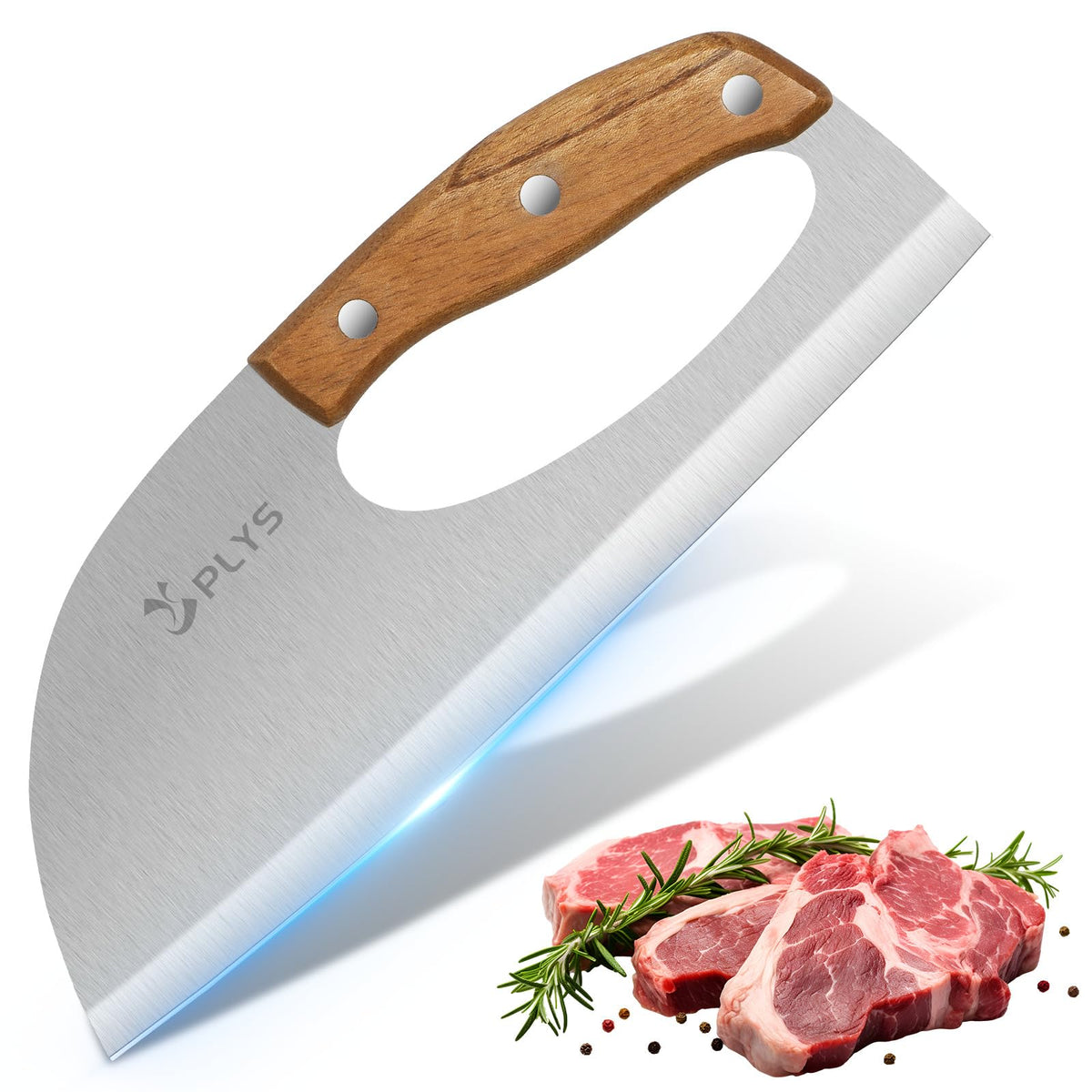 Plys meat cleaver blade close-up with sharp curved edge for precise chopping