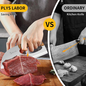 Plys meat cleaver with ergonomic handle angle for reduced effort